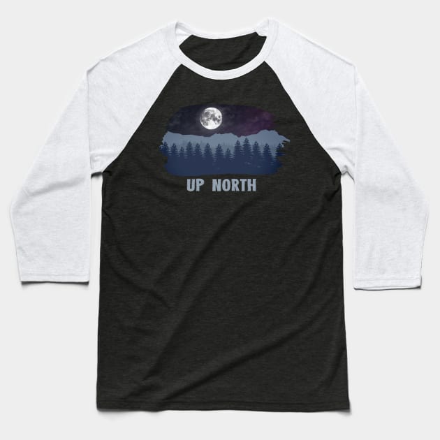 UP NORTH BLUE CHILLY WINTER NIGHT WITH PINE TREES & MOON Baseball T-Shirt by mangobanana